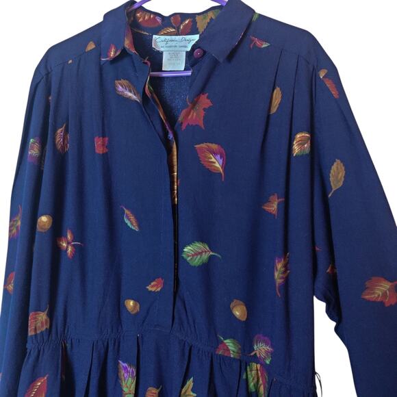Vtg California Design Fall Autumn Leaf Print Long Sleeve Navy Blue Midi Dress 14 - Picture 3 of 13